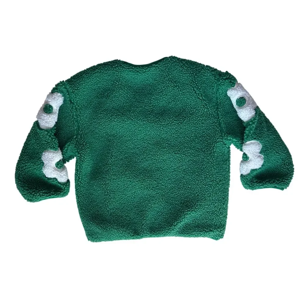 Pip & Lenny Kids Teddy Fleece Green & White Flowers Zip Up Sweater Size 4y